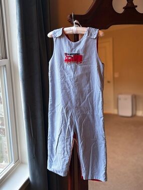 EUC Boy’s Reversible Blue and Red Softcord Firetruck Longall John John, size 2T